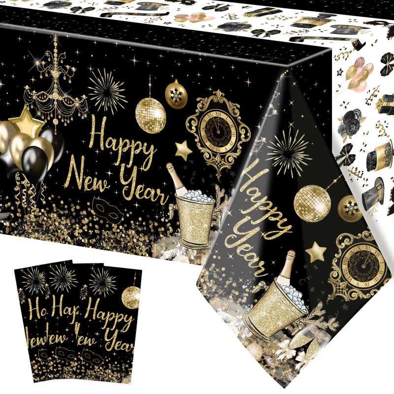 ceiba tree Happy New Year Eve Decorations 2025 Tablecloths 3 Pack New Years Eve NYE Party Supplies Disposable Plastic Tablecovers 54 x 108 Holiday Party Decor Rectangular Table Covers