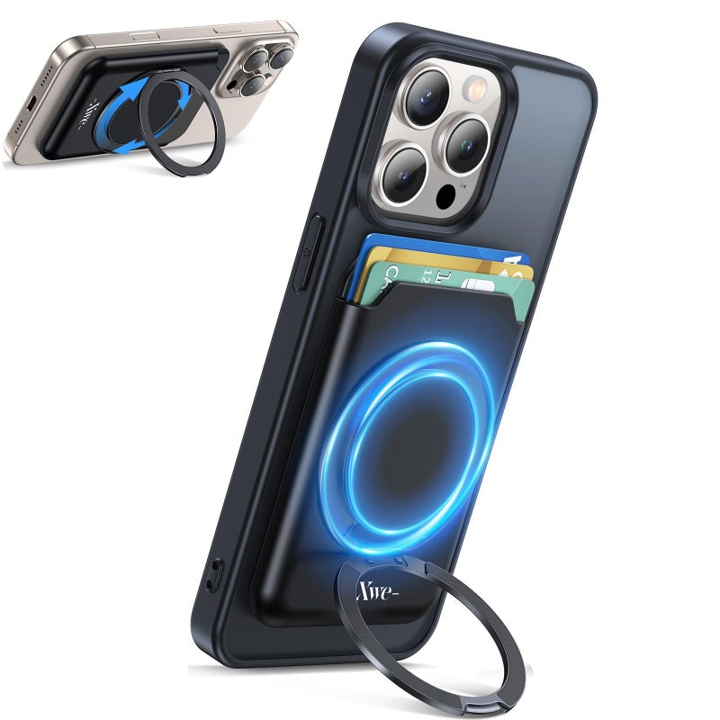 MONOCARBON Card Wallet for MagSafe Wallet, Adjustable Desktop Phone Holder & Magnetic Wallet for iPhone 15/14/13/12 Series - Black - Image 1