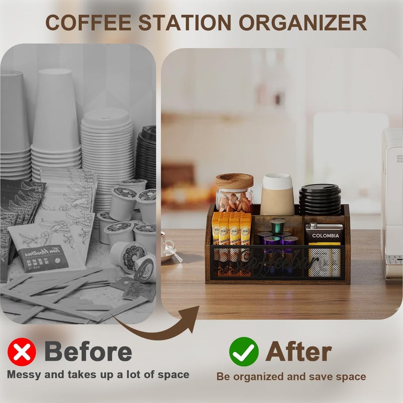 YINMIT Coffee Station Organizer for Countertop, Wood Coffee Bar Organizer with Removable Dividers for Pods, Syrup, Cups, Stirrer, Tea - Office Coffee Bar Accessories - Image 5
