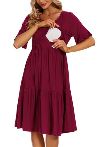 Smallshow Womens Maternity Nursing Dress Ruffle Short Sleeve Breastfeeding Clothes Medium Maroon - Image 1