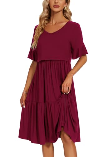 Smallshow Womens Maternity Nursing Dress Ruffle Short Sleeve Breastfeeding Clothes Medium Maroon - Image 3