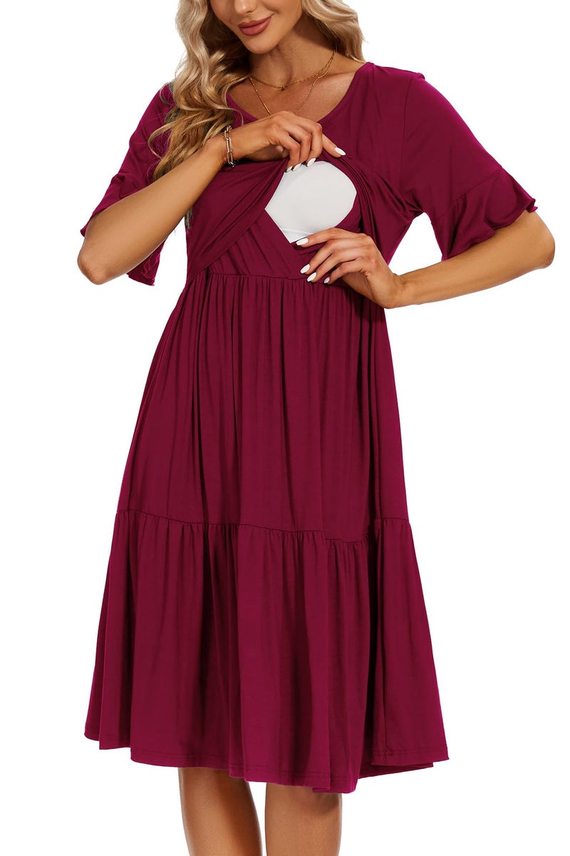 Smallshow Womens Maternity Nursing Dress Ruffle Short Sleeve Breastfeeding Clothes Medium Maroon - Image 2