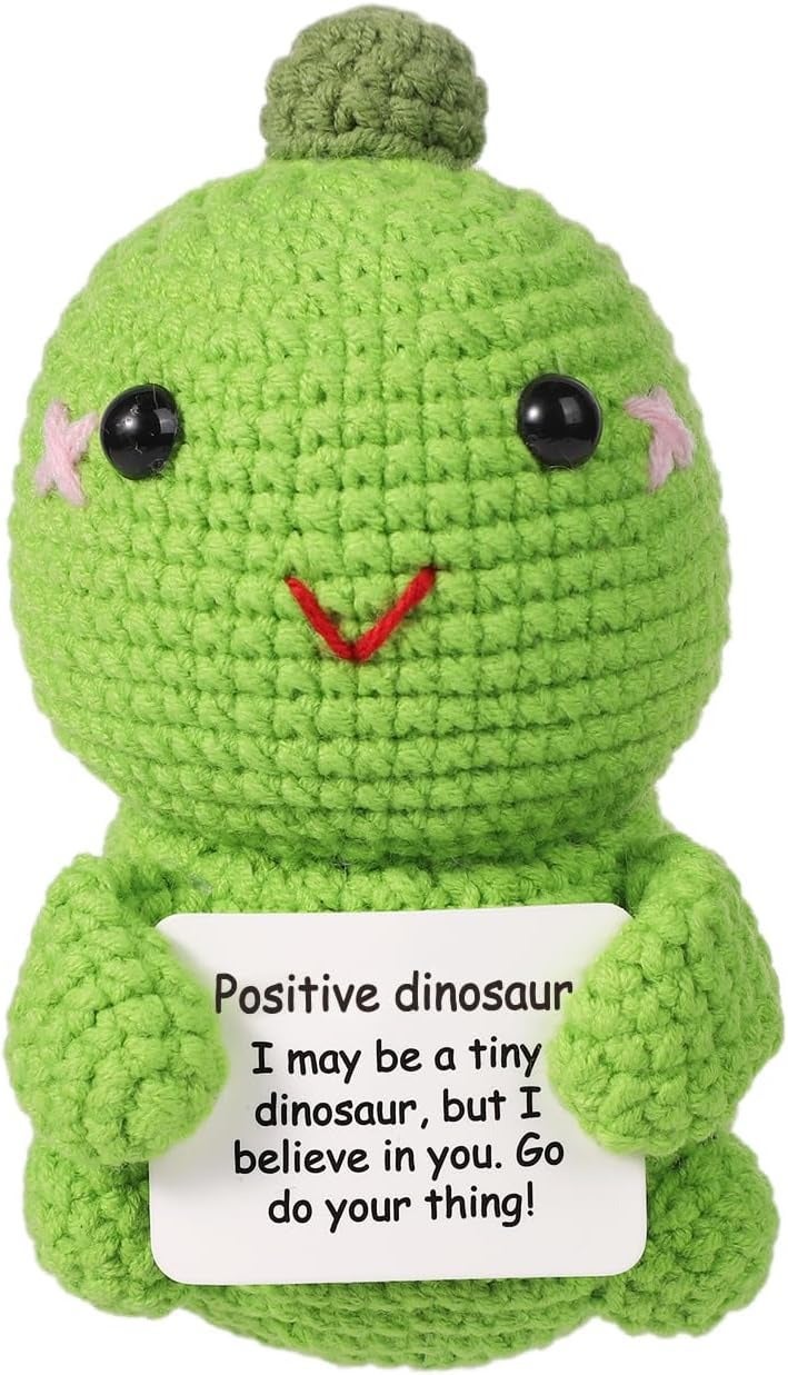Happy Threads Light Green Dinosaur Plush with Inspirational Message Card, Handmade Crochet Emotional Support Keepsake, Cute Desk & Shelf Décor, Dinosaur Encouragement Gift for Kids & Friends - Image 1