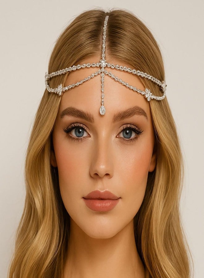 STONEFANS Bridal Layered Rhinestone Head Chain Headpiece Boho Tassel Forehead Hair Chain Accessories for Women Wedding (Silver6) - Image 3