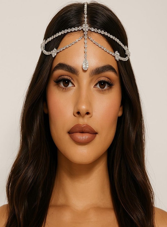 STONEFANS Bridal Layered Rhinestone Head Chain Headpiece Boho Tassel Forehead Hair Chain Accessories for Women Wedding (Silver6) - Image 2