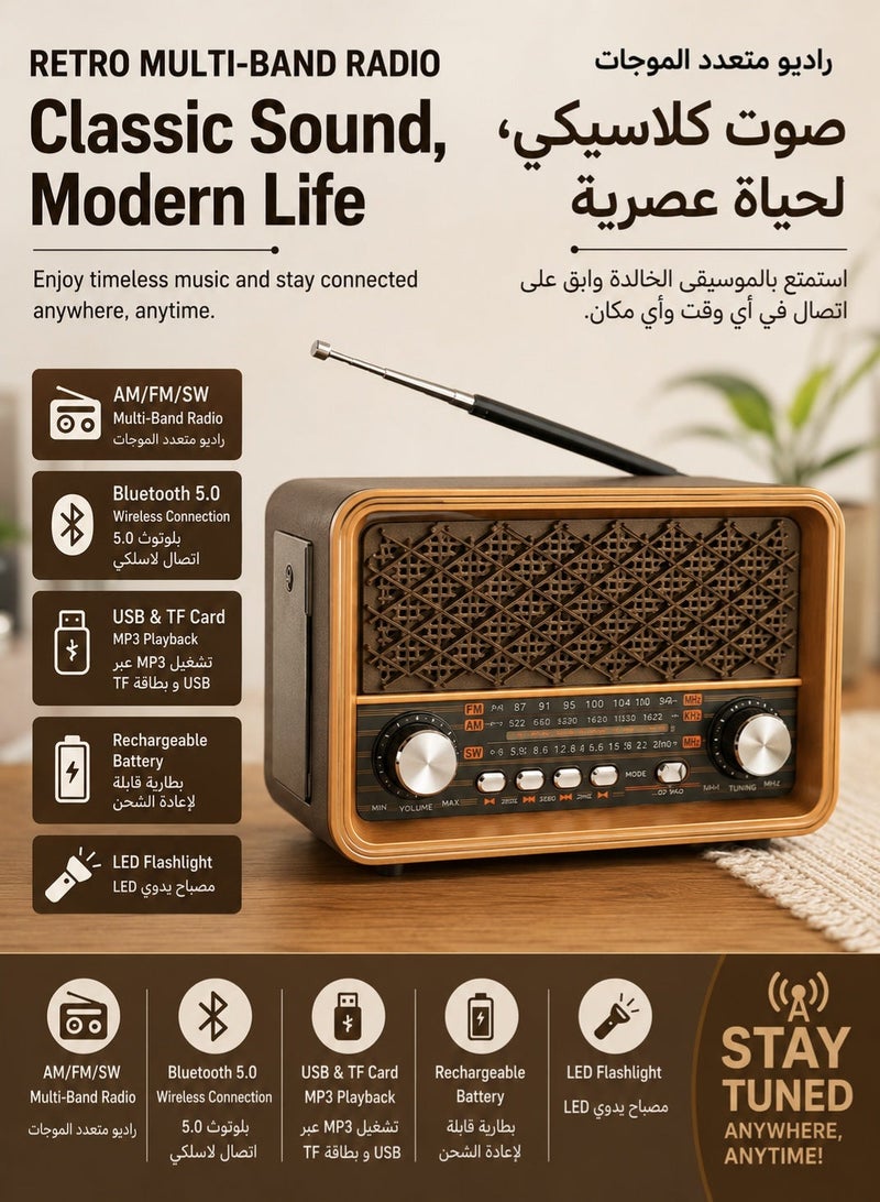 راديو محمول يعمل على الموجات AM وFM وSW، مزود بمشغل MP3، وبطارية قابلة للشحن، وتصميم عتيق ريترو، وهوائي تلسكوبي، وجهاز استقبال راديو عالي الحساسية؛ راديو محمول مناسب للاستخدام في المنزل والتخييم والسفر والأنشطة الخارجية. - Image 1