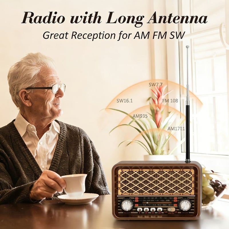 راديو محمول يعمل على الموجات AM وFM وSW، مزود بمشغل MP3، وبطارية قابلة للشحن، وتصميم عتيق ريترو، وهوائي تلسكوبي، وجهاز استقبال راديو عالي الحساسية؛ راديو محمول مناسب للاستخدام في المنزل والتخييم والسفر والأنشطة الخارجية. - Image 3