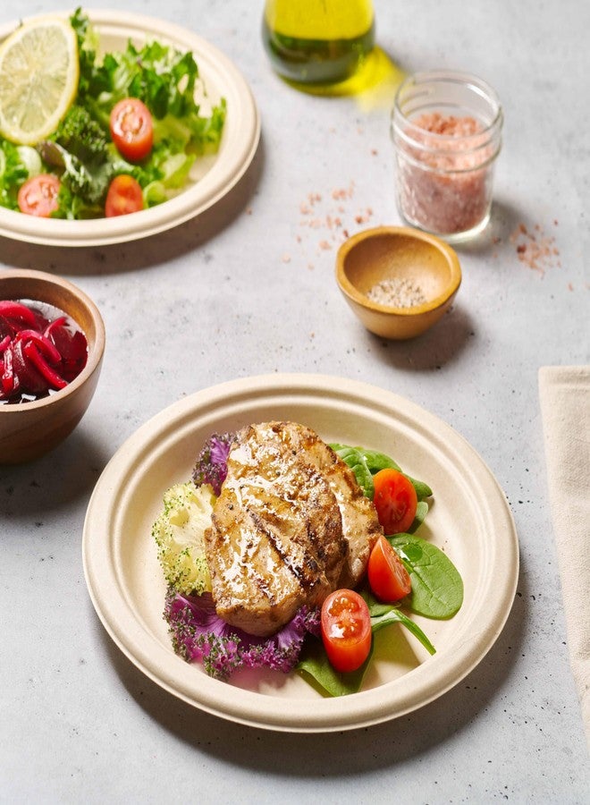 Munfix 100% Compostable Paper Plates 150 Pack, 10 Inch Heavy Duty Biodegradable Microwavable Disposable Brown Dinner Plates, Made of Eco-Friendly, Natural Unbleached Sugarcane Bagasse - Image 3