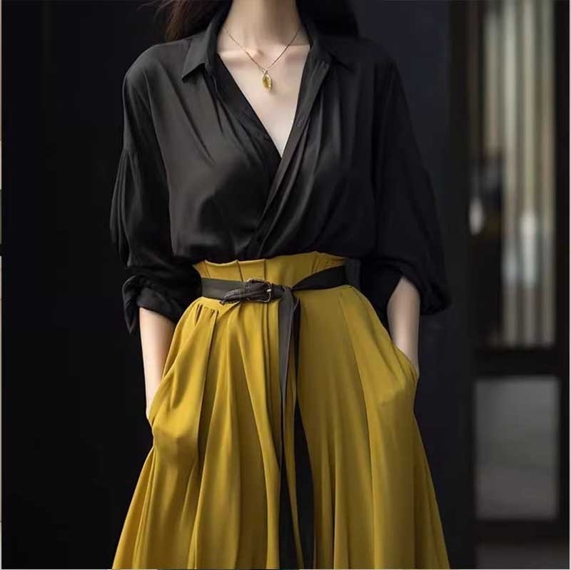 Autumn Elegant Womens Black Shirt  Yellow Skirt Set Skirt - Image 1