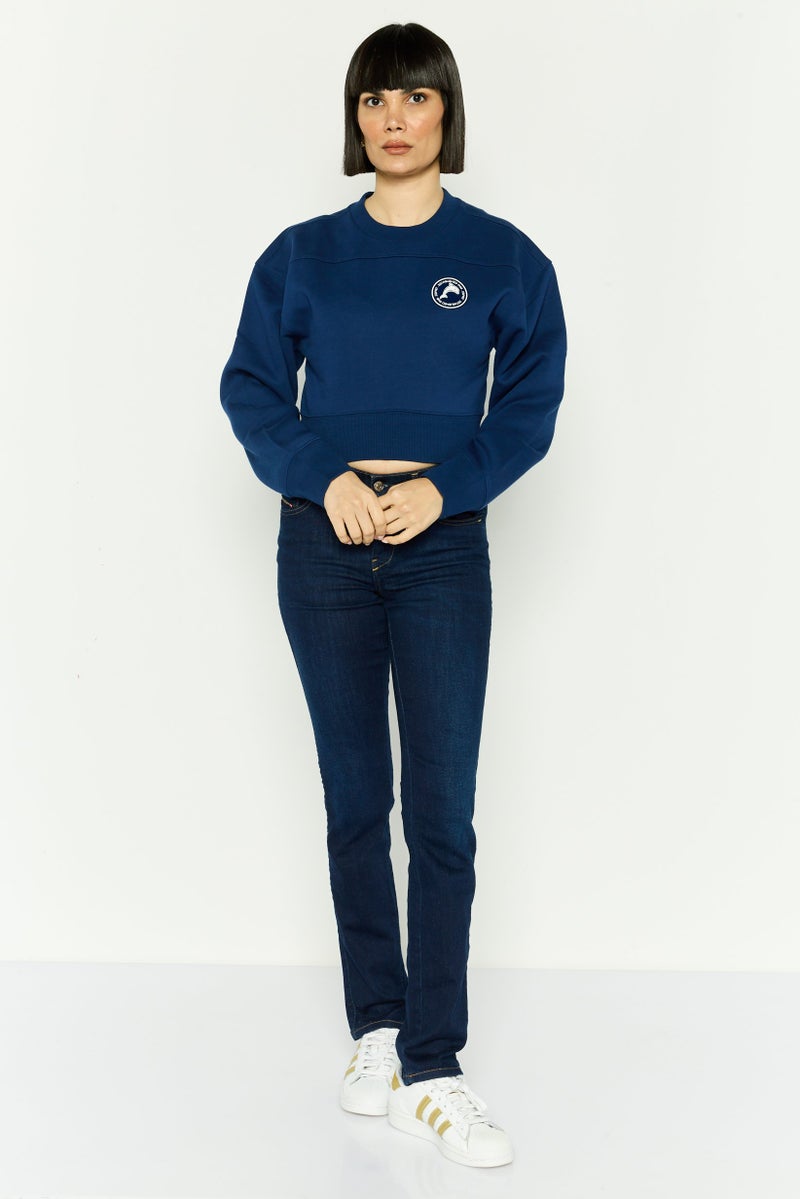 ESPRIT Women Crew Neck Long Sleeves Cropped Sweatshirt, Navy - Image 3