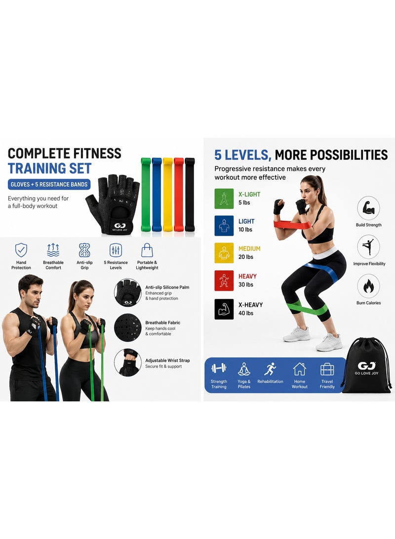 Workout Gloves & Resistance Bands Set, Breathable Half Finger Weight Lifting Gloves with 5 Resistance Loop Bands for Strength Training, Yoga, Fitness, Home Gym, Men & Women - Image 2