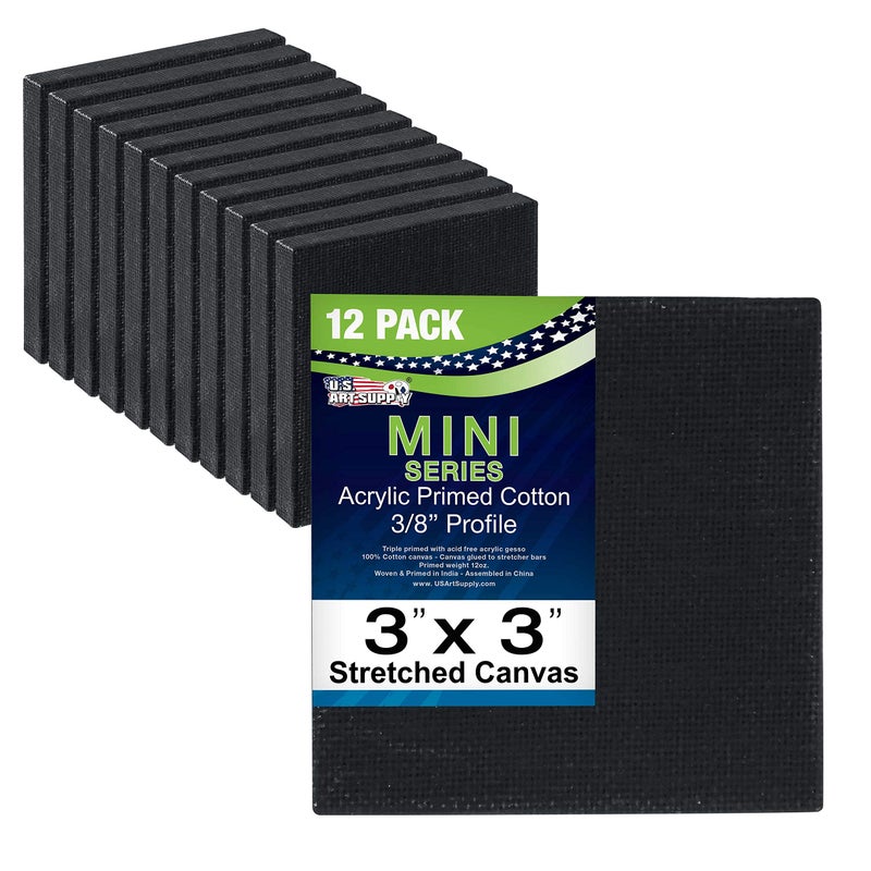 US Art Supply 3 x 3 Black Mini Professional Primed Stretched Canvas 1Pack of 12Black Mini Canvases