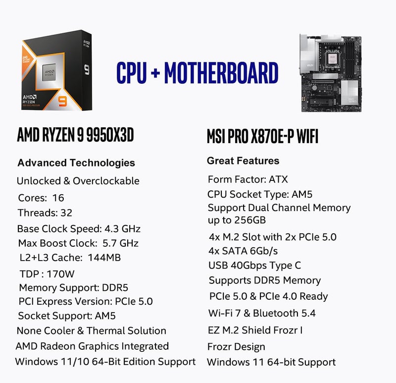 MICRO CENTER AMD Ryzen 9 9950X3D CPU Processor with MSI PRO X870E-P WiFi Motherboard (ATX, AM5, DDR5, PCIe 5.0 x16, M.2 Gen5, Wi-Fi 7) - Image 2