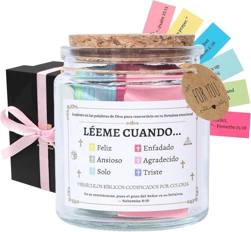 Brevynx Handmade Spanish Bible Verse Jar with Color-Coded Messages, Frasco de Versículos Bíblicos en Español, Leeme Cuando te Sientas versículos en español,Regalos Cristianos, Inspirational Christian Gift Set - Image 1