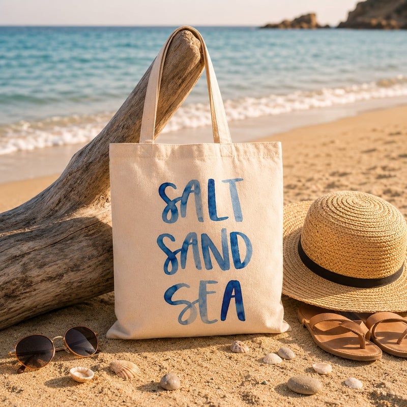 شنطة قماش كانفاس حريمي بطبعة "Salt Sand Sea" بخط مائي أزرق، حقيبة صديقة للبيئة قابلة لإعادة الاستخدام للبحر والاستخدام اليومي، مقاس كبير 30×40 سم - Image 2