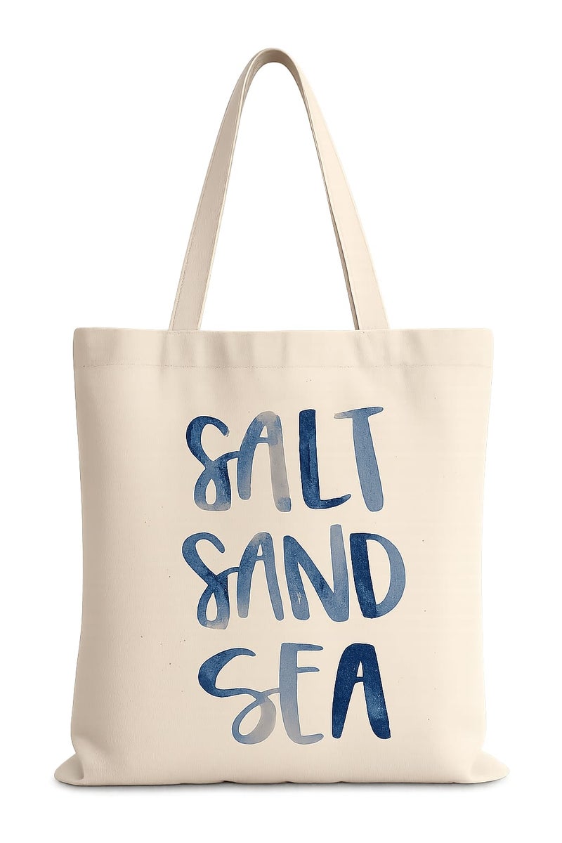 شنطة قماش كانفاس حريمي بطبعة "Salt Sand Sea" بخط مائي أزرق، حقيبة صديقة للبيئة قابلة لإعادة الاستخدام للبحر والاستخدام اليومي، مقاس كبير 30×40 سم - Image 1