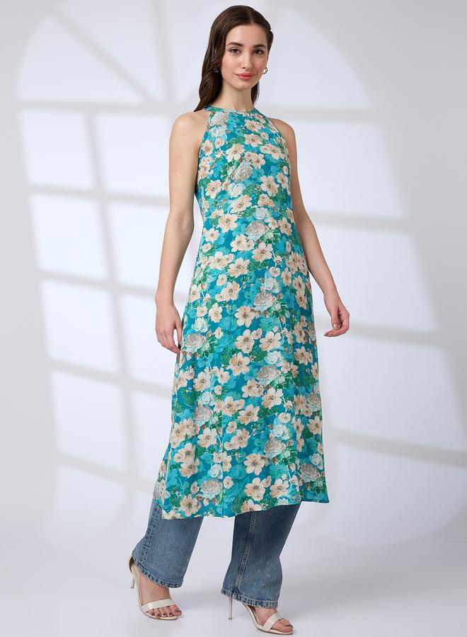 globus Halter Neck Floral Print A-Line Fusion Kurta - Image 2