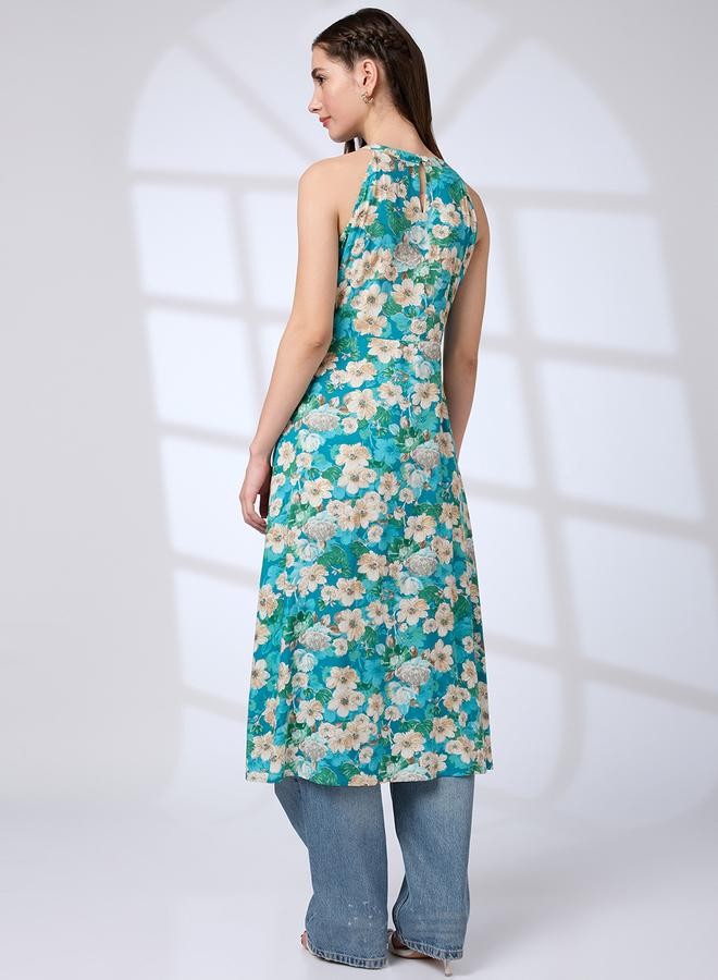 globus Halter Neck Floral Print A-Line Fusion Kurta - Image 3