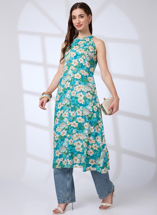 globus Halter Neck Floral Print A-Line Fusion Kurta - Image 1