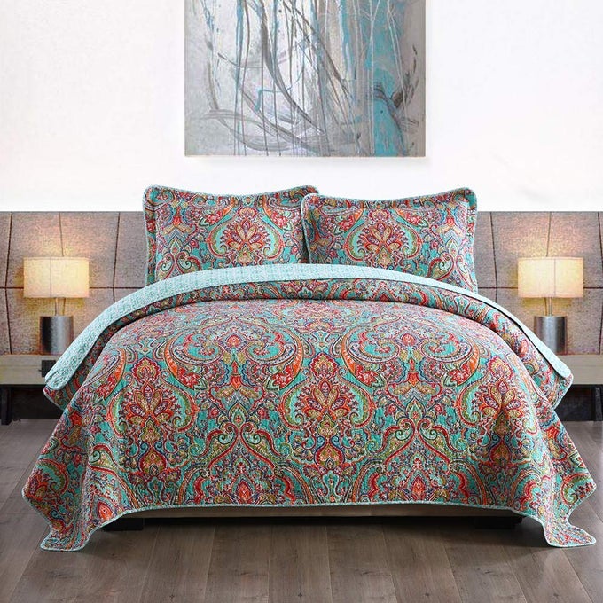 COTTON BEDSPREAD QUILT SETSREVERSIBLE PATCHWORK COVERLET SET EUROPEAN GORGEOUS FLORAL PATTERN QUEEN SIZE