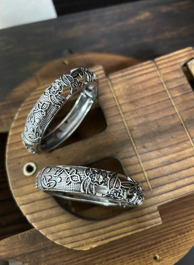 Siddhatva 2 pc Stylish Statement Ethnic Traditional Oxidised German Silver Open Bangles Kada Jewelry Women - Image 4