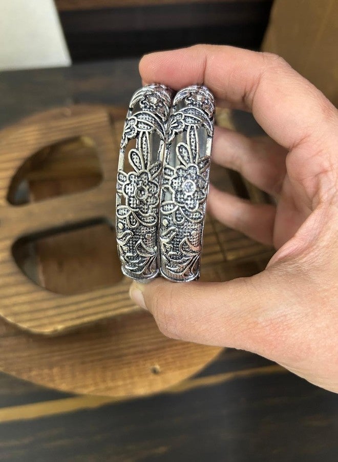 Siddhatva 2 pc Stylish Statement Ethnic Traditional Oxidised German Silver Open Bangles Kada Jewelry Women - Image 3