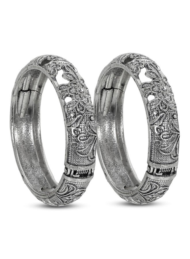 Siddhatva 2 pc Stylish Statement Ethnic Traditional Oxidised German Silver Open Bangles Kada Jewelry Women - Image 1