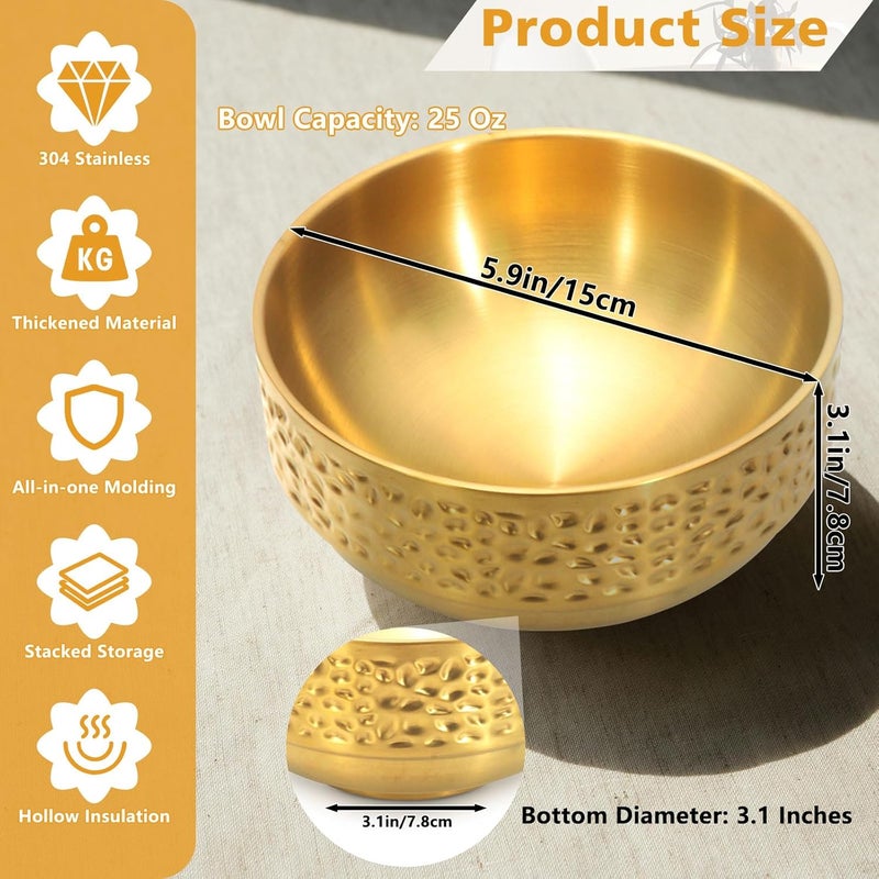 Roucerlin 3 Pcs 25 Oz Gold Stainless Steel Soup Bowls Set 59 Inches Double Walled Insulated Cereal Bowls Metal Rice Snack Ice Cream Dessert Bowl for Serving Fruit Oat - Image 2