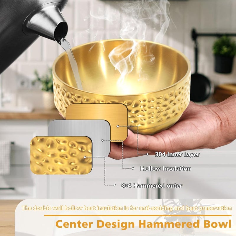 Roucerlin 3 Pcs 25 Oz Gold Stainless Steel Soup Bowls Set 59 Inches Double Walled Insulated Cereal Bowls Metal Rice Snack Ice Cream Dessert Bowl for Serving Fruit Oat - Image 4