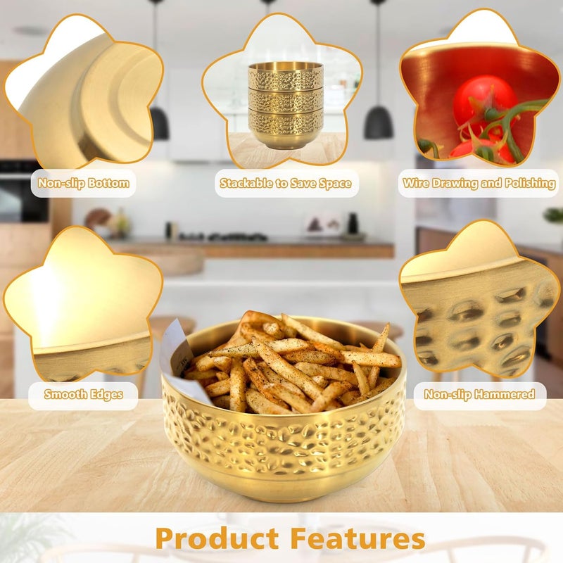 Roucerlin 3 Pcs 25 Oz Gold Stainless Steel Soup Bowls Set 59 Inches Double Walled Insulated Cereal Bowls Metal Rice Snack Ice Cream Dessert Bowl for Serving Fruit Oat - Image 3