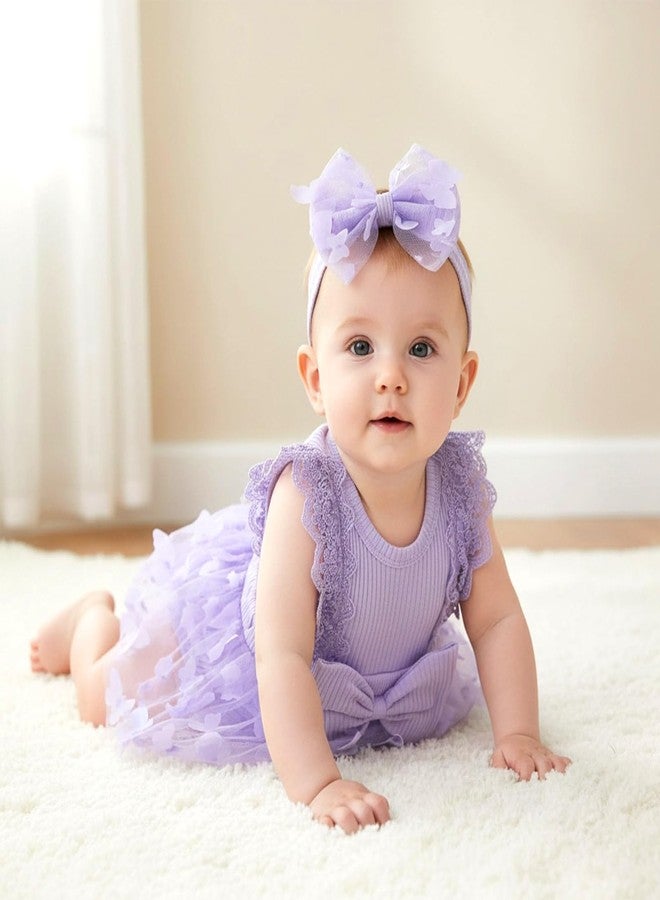 FOCICI Baby Clothes For Girls 0-3 Months Summer Cute Newborn Outfits Sleeveless Lace One Piece Romper + Headband 2pcs Set Purple 0-3 Months - Image 3
