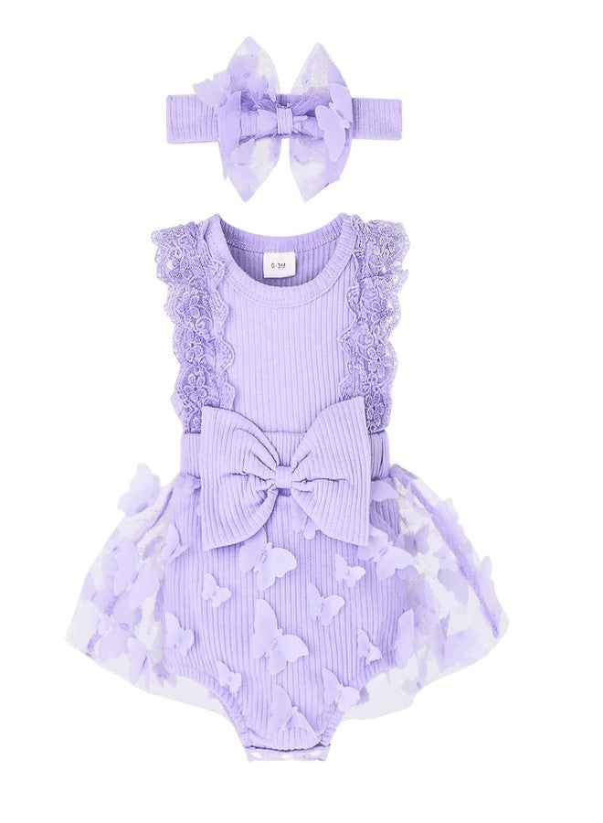FOCICI Baby Clothes For Girls 0-3 Months Summer Cute Newborn Outfits Sleeveless Lace One Piece Romper + Headband 2pcs Set Purple 0-3 Months - Image 1