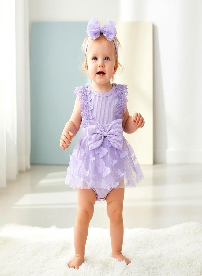 FOCICI Baby Clothes For Girls 0-3 Months Summer Cute Newborn Outfits Sleeveless Lace One Piece Romper + Headband 2pcs Set Purple 0-3 Months - Image 2