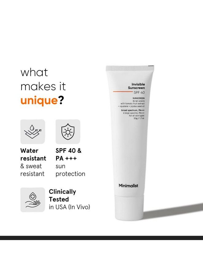 MINIMALIST جل واقي من الشمس غير مرئي مقاوم للماء بمعامل حماية 40؛ جل خفيف للغاية؛ لا يوجد طاقم أبيض. مقاومة للعرق؛ باسكال +++ ; مع مستخلص الطماطم السكوالان وزيت بذور الجوجوبا؛ للنساء والرجال. 50 جم - Image 4