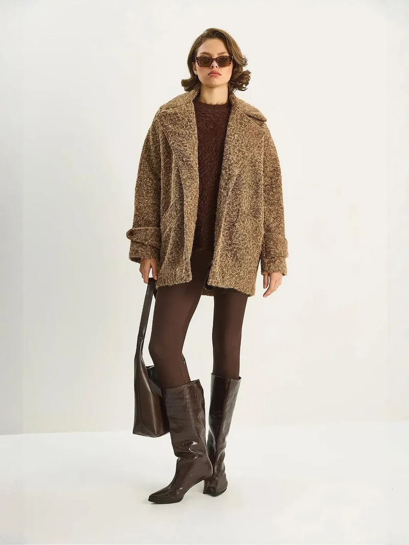 Bianco Lucci Tan Natural LUCCI Oversize Textured Jacket for Women | Best Price UAE