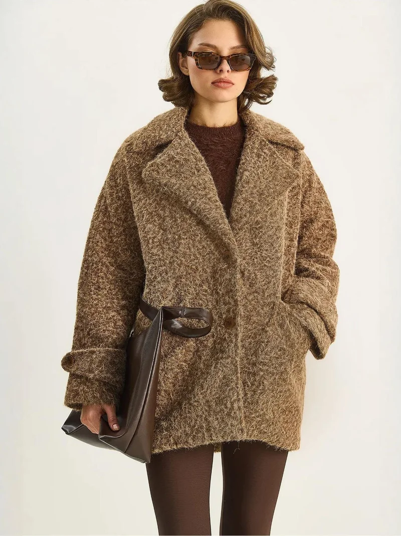 Bianco Lucci Tan Natural LUCCI Oversize Textured Jacket for Women | Best Price UAE