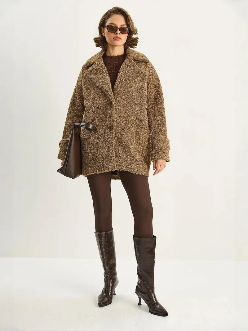 Bianco Lucci Tan Natural LUCCI Oversize Textured Jacket for Women | Best Price UAE