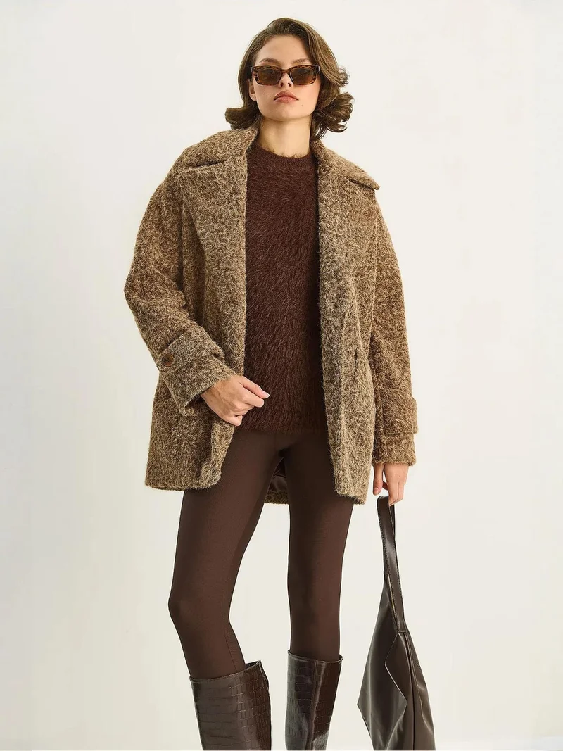 Bianco Lucci Tan Natural LUCCI Oversize Textured Jacket for Women | Best Price UAE