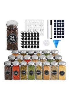 MahMir MahMir® 24 Pcs Spice Jars with Labels - 4 oz Glass Spice Jars with Metal Lids, 120 Labels Stickers, Shaker Lids, Collapsible Funnel, 2 Pens, Seasoning Storage Bottles for Spice Rack, Cabinet, Drawer  - Image 1