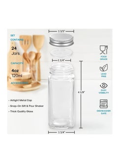 MahMir MahMir® 24 Pcs Spice Jars with Labels - 4 oz Glass Spice Jars with Metal Lids, 120 Labels Stickers, Shaker Lids, Collapsible Funnel, 2 Pens, Seasoning Storage Bottles for Spice Rack, Cabinet, Drawer  - Image 2