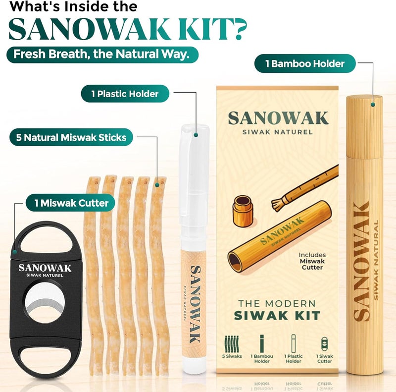 Miswak Set | Natural Siwak Kit with 5 Organic Sticks, Wooden & Plastic Holder, Miswak Cutter | Traditional Oral Care | Eco-Friendly Travel Pack | Sunnah Inspired Dental Kit - Image 2