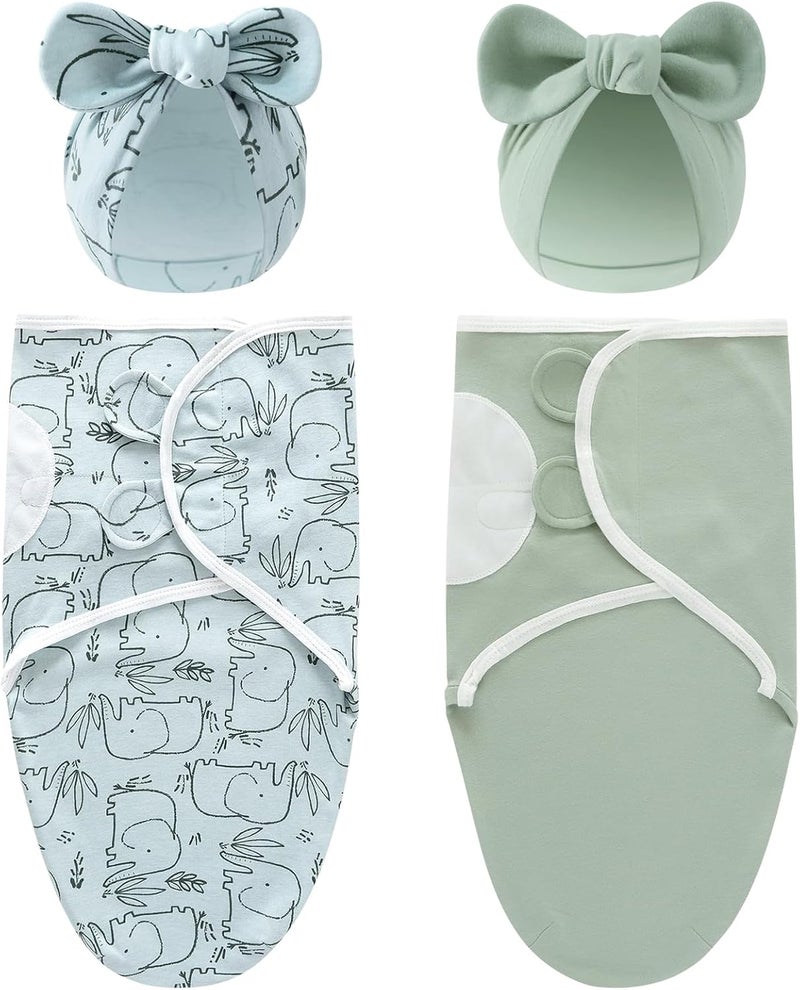 Cinaci 2 Pack Soft Cotton Baby Receiving Swaddle Blankets Wraps Sleep Sacks with Matching Bow Newborn Nursery Bow Hats Caps Beanies Bonnets for Baby Girls Boys Newborns Infants (Multicolor S11) - Image 1