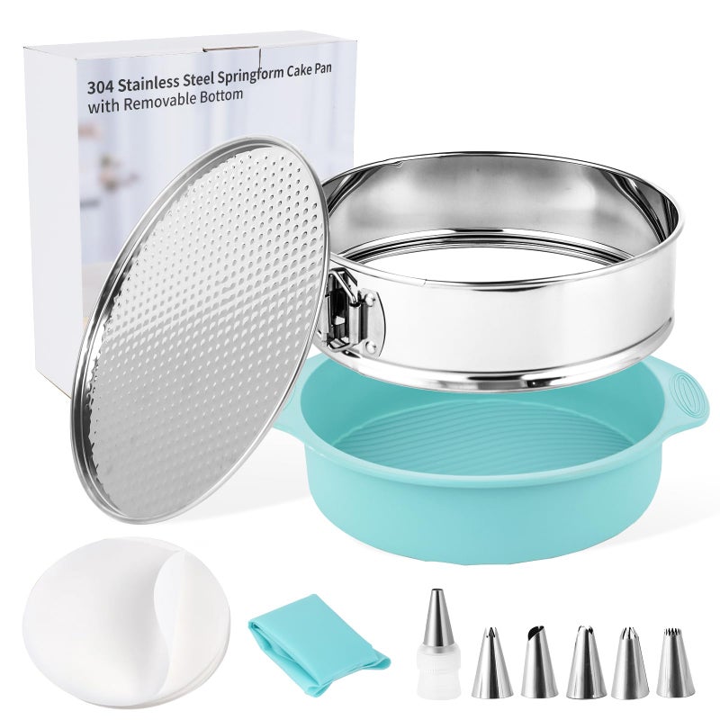 Spmarkt 9 Inch Cheesecake Pan Leakproof 304 Stainless Steel Springform Pan with Silicone Protector for Water Bath Baking Removable Bottom 50 Pcs Parchment Paper Dishwasher Safe - Image 2