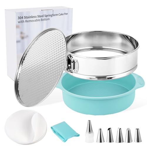 Spmarkt 9 Inch Cheesecake Pan Leakproof 304 Stainless Steel Springform Pan with Silicone Protector for Water Bath Baking Removable Bottom 50 Pcs Parchment Paper Dishwasher Safe - Image 1