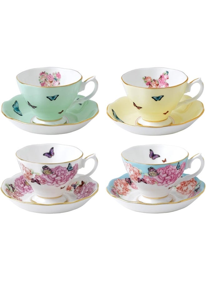 ROYAL ALBERT Royal Albert - Miranda Kerr 8 Piece Teacup and Saucer Gift Set - Vintage Serving Set for 4, with Bone China Tea Cup and Saucer Set - Multicolour Butterfly & Floral Pattern  - Image 1