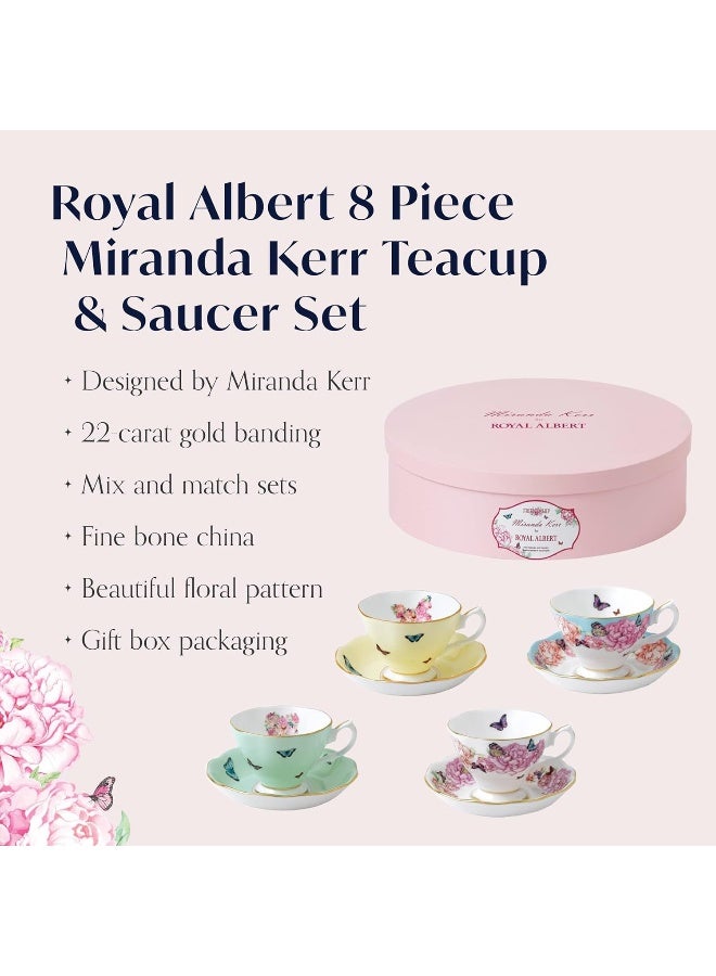 ROYAL ALBERT Royal Albert - Miranda Kerr 8 Piece Teacup and Saucer Gift Set - Vintage Serving Set for 4, with Bone China Tea Cup and Saucer Set - Multicolour Butterfly & Floral Pattern  - Image 2