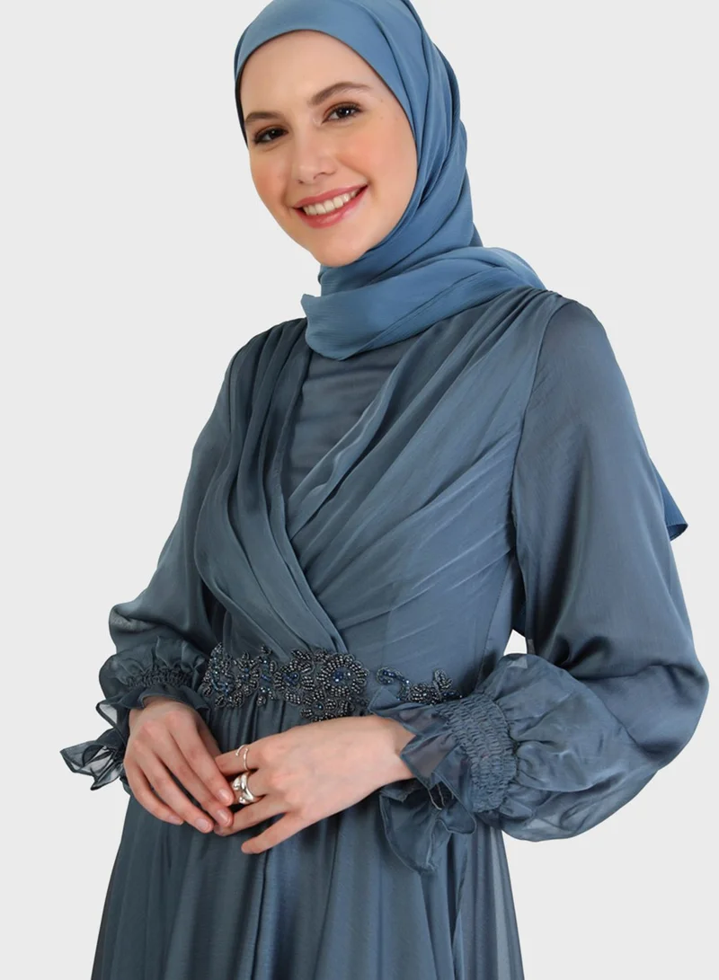 Refka by modanisa Surplice Neck Shirred Sleeve Belted Dress