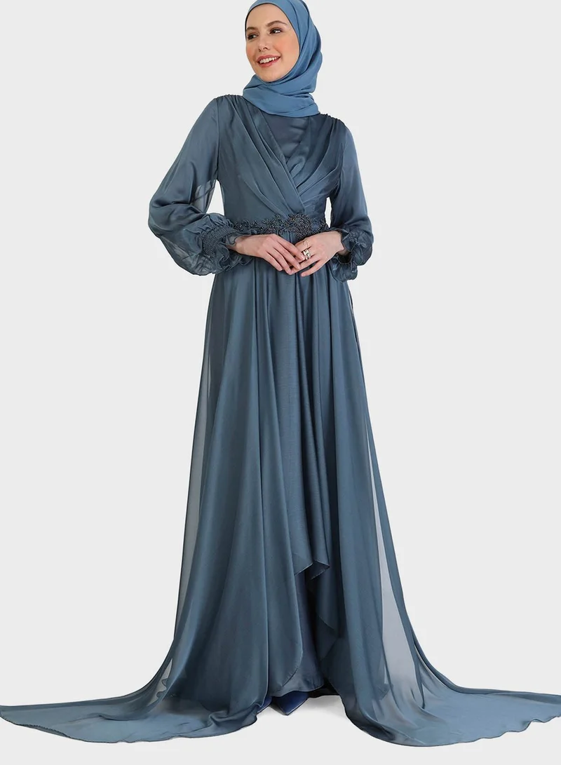 Refka by modanisa Surplice Neck Shirred Sleeve Belted Dress