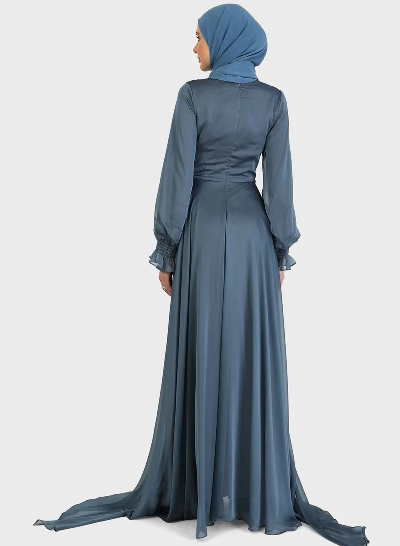 Refka by modanisa Surplice Neck Shirred Sleeve Belted Dress