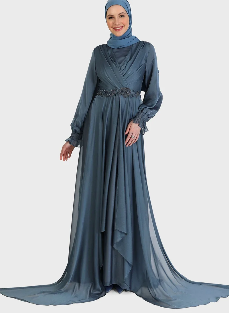 Refka by modanisa Surplice Neck Shirred Sleeve Belted Dress